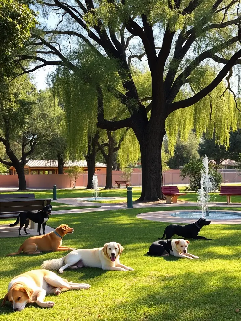 A serene image of a shaded dog park with mature trees, benches, and water fountains in Phoenix, Arizona. Several dogs are resting and socializing calmly.