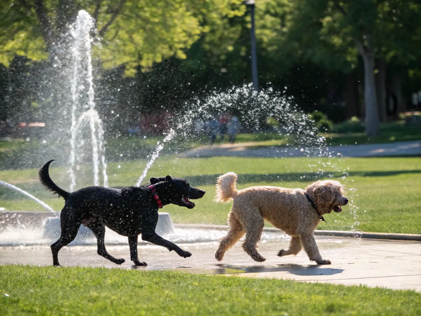 A picturesque image of a dog park featuring a splash pad and several dogs enjoying the water on a sunny day in Phoenix.