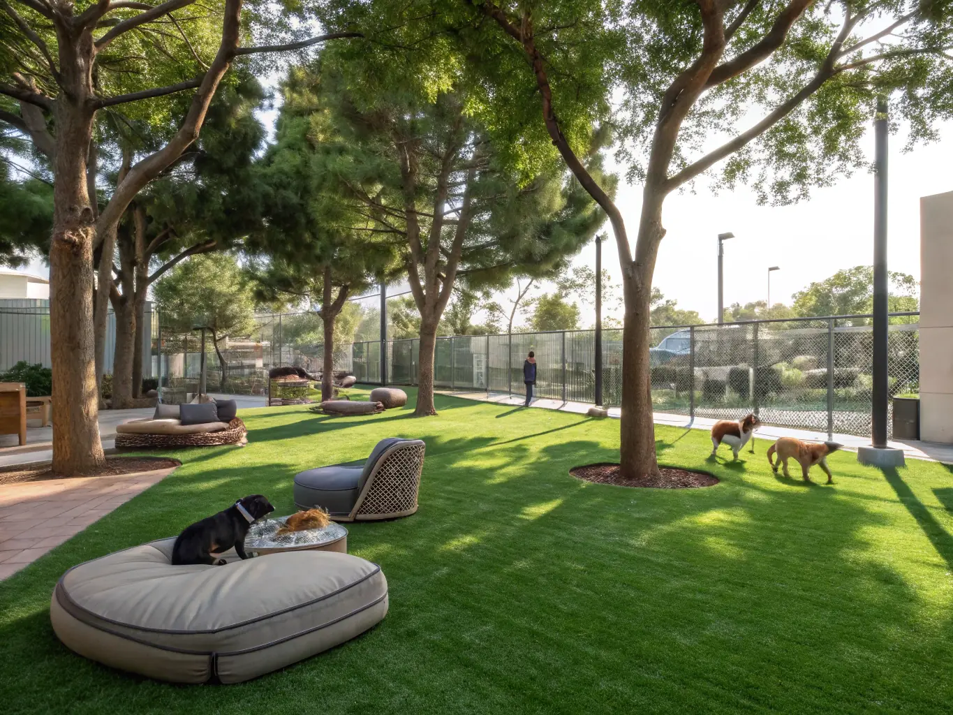 A vibrant photograph of dogs playing freely in a large, grassy off-leash area at a dog park in Phoenix, with owners supervising in the background.