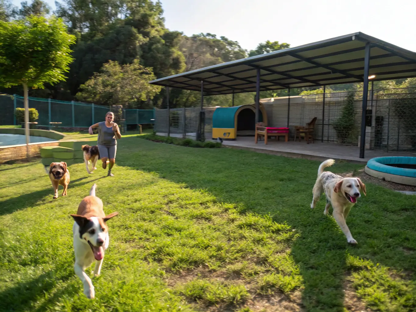 An image of dogs of various sizes playing in a large, open dog park, emphasizing the importance of park size for different breeds and energy levels.