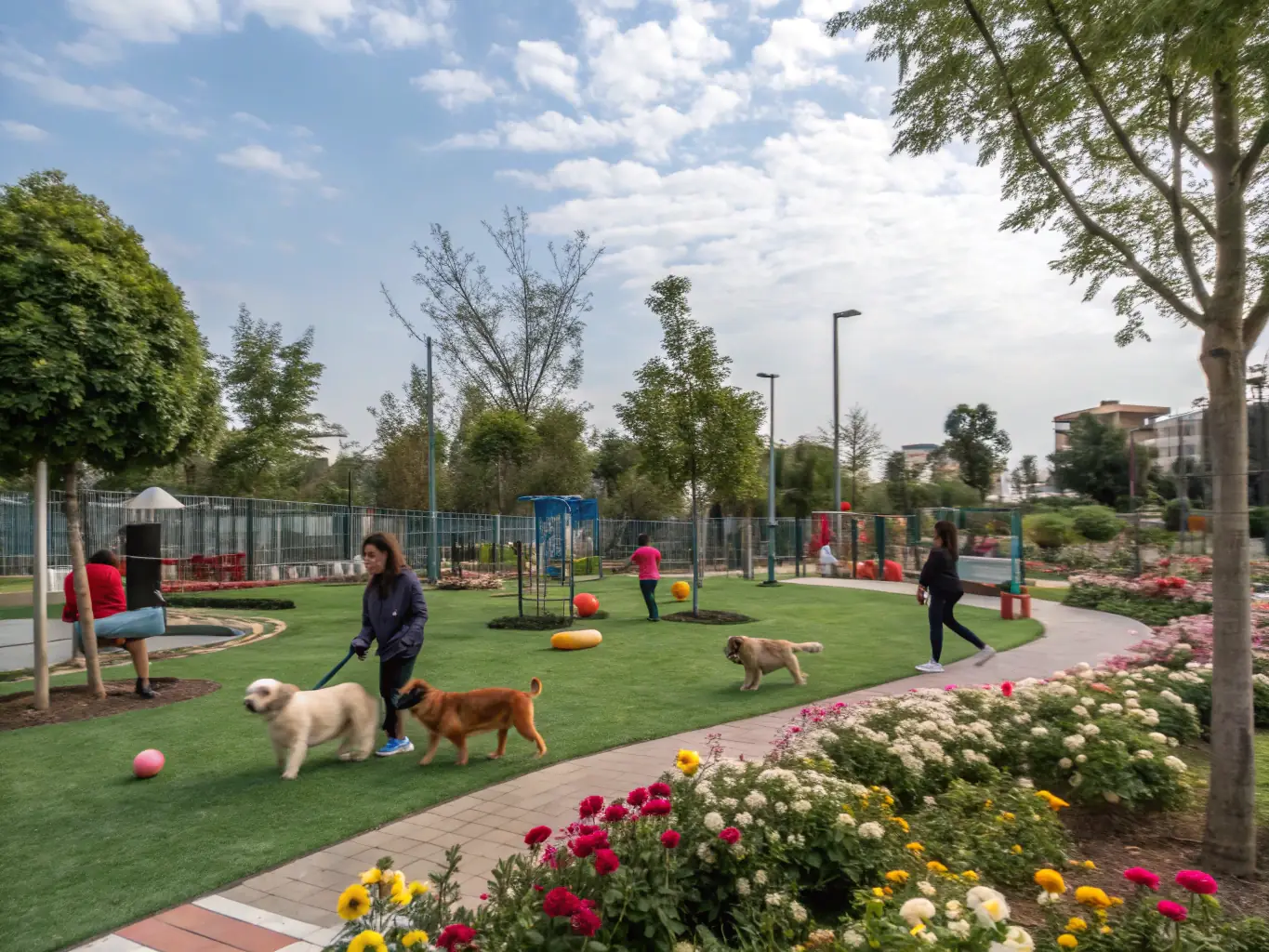 A photograph of a well-maintained dog park with separate areas for small and large dogs, showcasing various amenities like water fountains, shaded benches, and waste disposal stations.